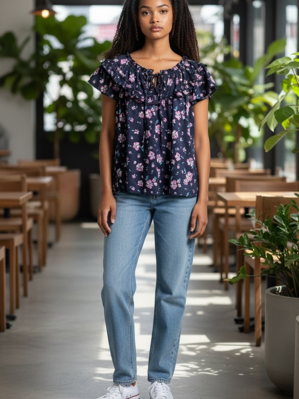 Draper James Navy Top with Pink and Blue Floral Print